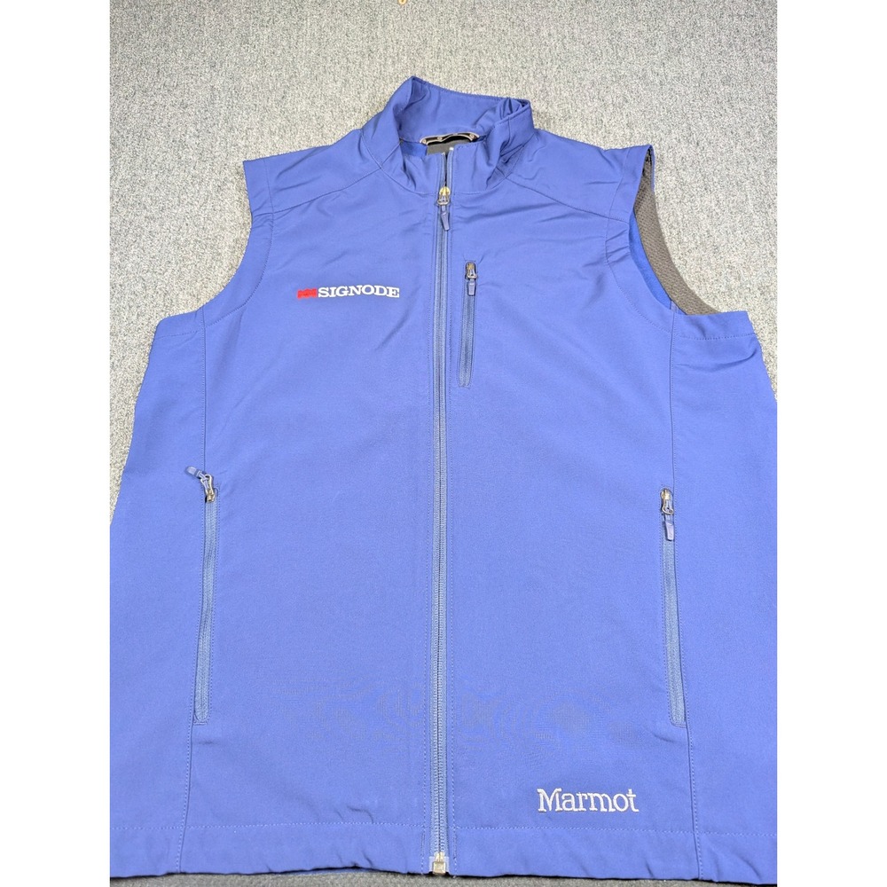 Marmot Mens Blue Softshell Full Zip Fleece Lined Vest Signode Logo E98070 Large
